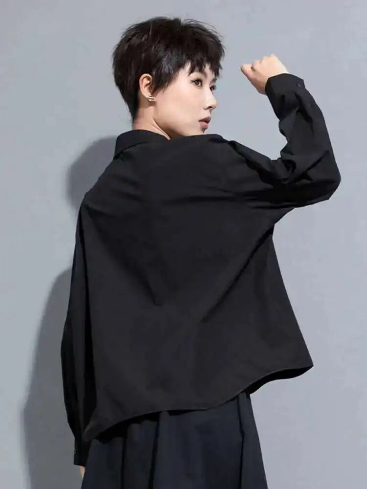 Women Black Color-block Big Size Blouse New Lapel Long Sleeve Loose Fit Shirt Fashion Tide Spring Autumn 2025 1DH0843