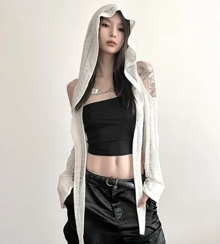 2025 Long Sleeve Hooded T-shirts Off Shoulder Sexy Harajuku Tshirts Women Y2k Aesthetic Grunge Streetwear Crop Top Thin Cardigan