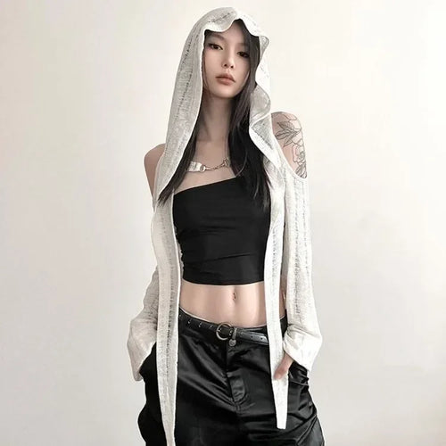 Load image into Gallery viewer, 2025 Long Sleeve Hooded T-shirts Off Shoulder Sexy Harajuku Tshirts Women Y2k Aesthetic Grunge Streetwear Crop Top Thin Cardigan
