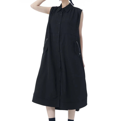 Load image into Gallery viewer, Women Dark Gray Zipper Pocket Big Size Midi Shirt Dress New Lapel Sleeveless Fashion Tide Spring Summer 2025 1DJ0950
