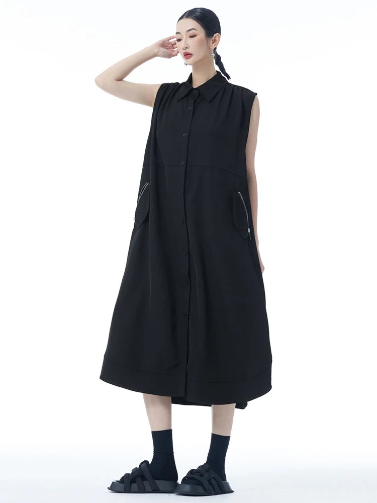 Women Dark Gray Zipper Pocket Big Size Midi Shirt Dress New Lapel Sleeveless Fashion Tide Spring Summer 2025 1DJ0950