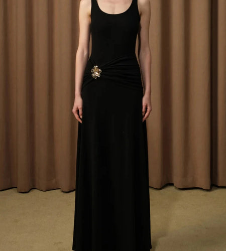 Solid Spliced Folds Slimming Dresses For Women Square Neck Sleeveless High Waist Temperament Long Dress Female New