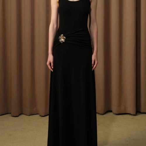 Load image into Gallery viewer, Solid Spliced Folds Slimming Dresses For Women Square Neck Sleeveless High Waist Temperament Long Dress Female New
