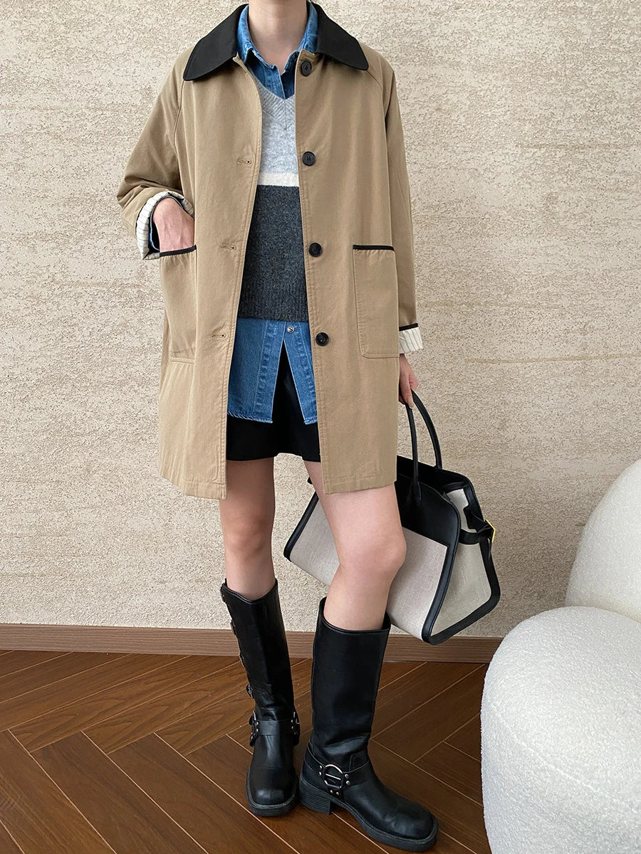 Hit Color Patchwork Pockets Chic Trench For Women Lapel Long Sleeve Temperament Long Coats Female Fashion Autumn