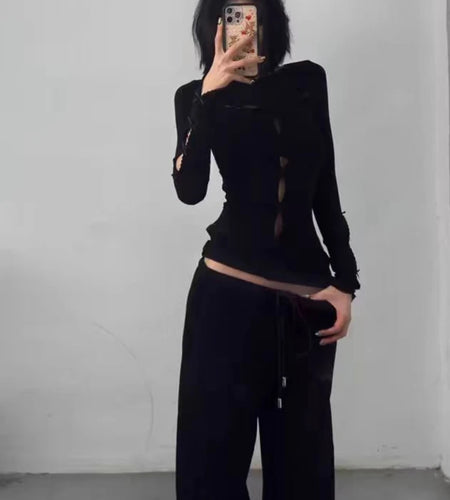 Y2k Aesthetic Sexy Hollow Out Tshirts Women Harajuku Gothic Punk Black T-shirt 2025 Autumn Streetwear Bodycon Bow Tees Femme