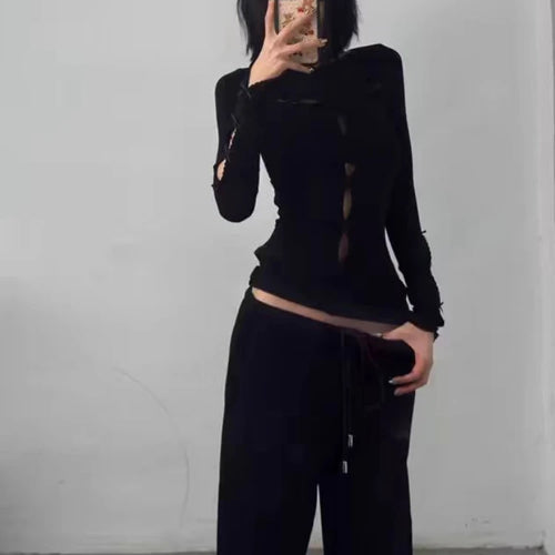 Load image into Gallery viewer, Y2k Aesthetic Sexy Hollow Out Tshirts Women Harajuku Gothic Punk Black T-shirt 2025 Autumn Streetwear Bodycon Bow Tees Femme
