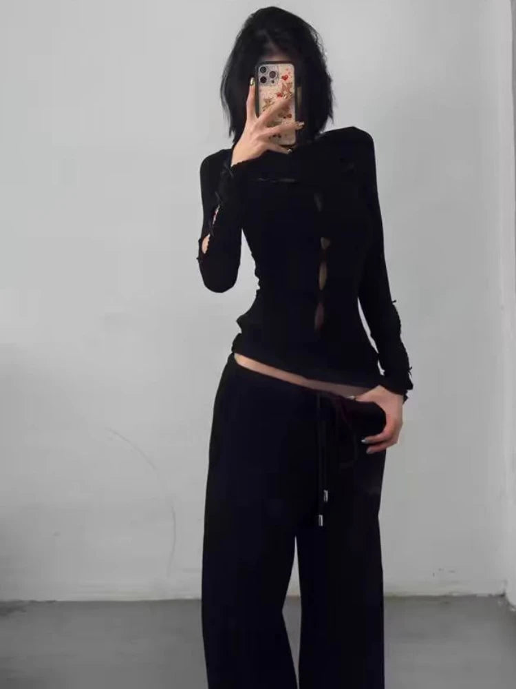 Y2k Aesthetic Sexy Hollow Out Tshirts Women Harajuku Gothic Punk Black T-shirt 2025 Autumn Streetwear Bodycon Bow Tees Femme