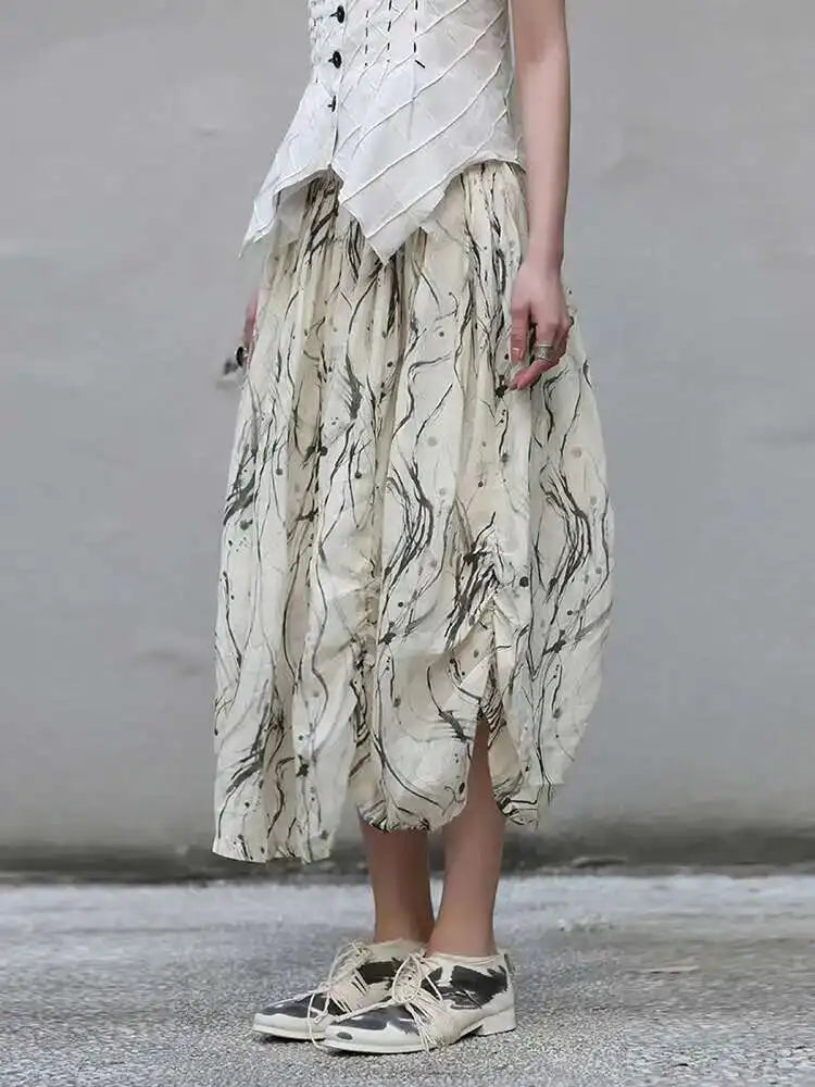 High Elastic Waist Apricot Pattern Printed Long Vintage Half-body Skirt Women Fashion Tide New Spring Autumn 2025 1DF7968