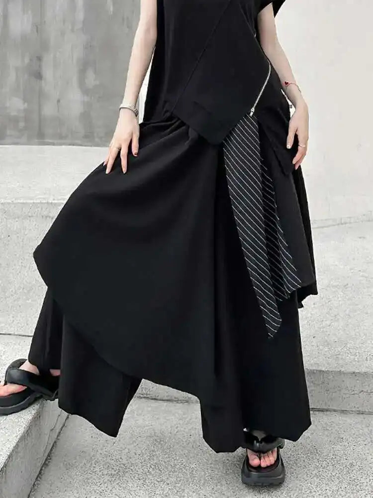 High Elastic Waist Black Striped Irregular Wide Leg Pants New Loose Fit Trousers Women Fashion Spring Autumn 2025 1DF7892