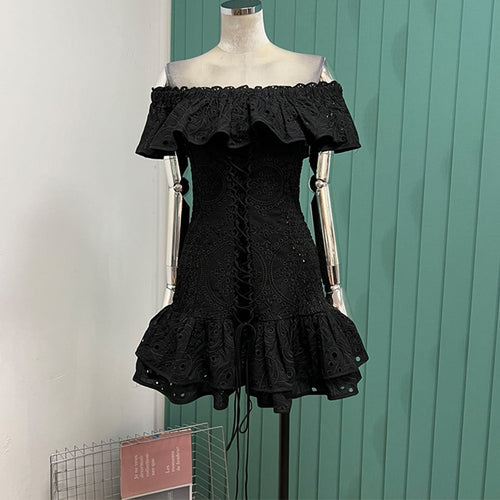 Load image into Gallery viewer, Off Shoulder Summer Dresses For Women Slash Neck Butterfly Sleeve High Waist Hit Color Ruffles Dress Female Fashion
