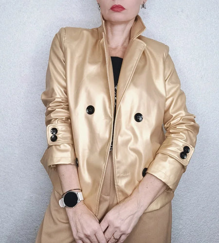 Autumn Winter Gold Faux Leather Jackets Women 2024 New Outwear Long Sleeves PU Leather Short Coats Outwear for Female