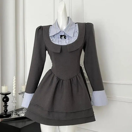 Load image into Gallery viewer, French 2025 Women Grey Patchwork Elegant Long Sleeved Button High Waist Short Dress Spring Autumn College Style Pleated Dresses
