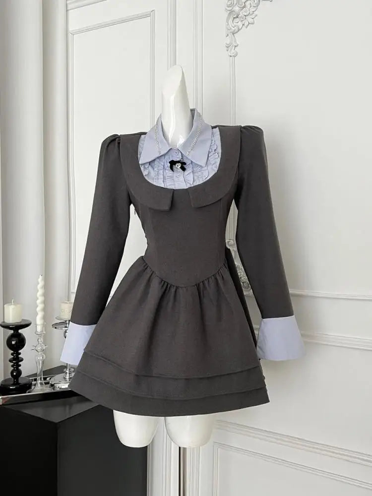 French 2025 Women Grey Patchwork Elegant Long Sleeved Button High Waist Short Dress Spring Autumn College Style Pleated Dresses