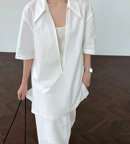Women White Plain Color Thin Big Size Blouse New V-Neck Short Sleeve Shirt Fashion Tide Spring Summer 2025 1DJ1470