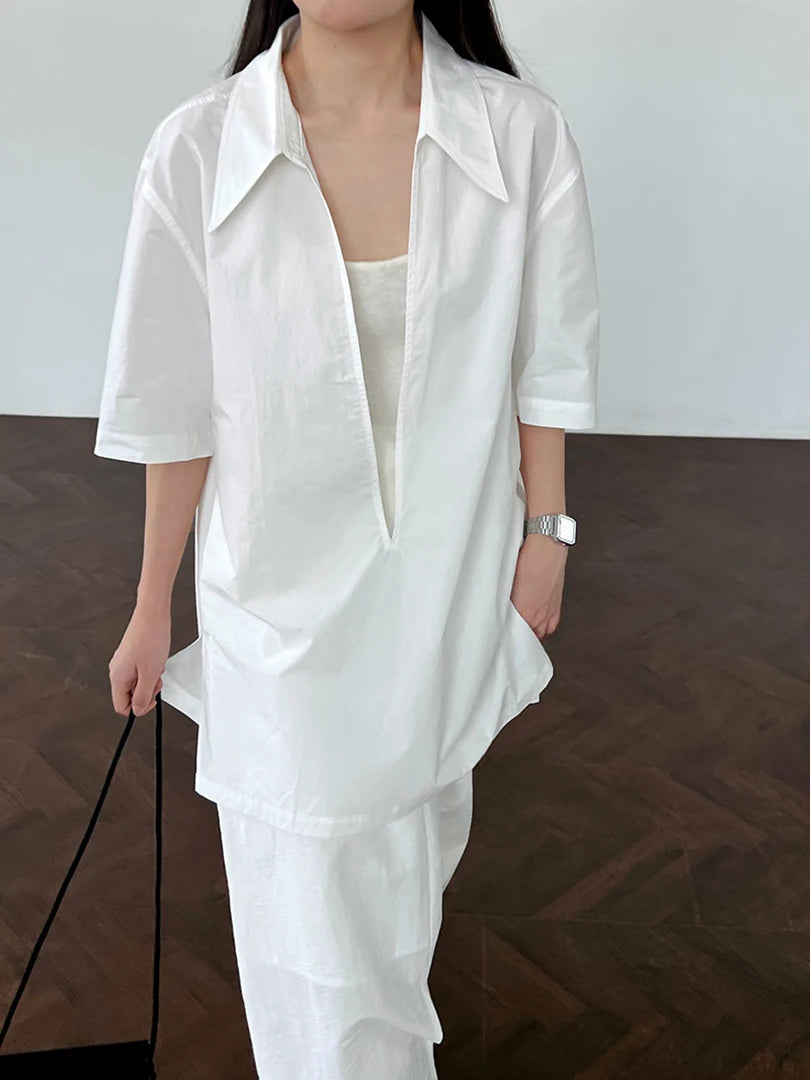 Women White Plain Color Thin Big Size Blouse New V-Neck Short Sleeve Shirt Fashion Tide Spring Summer 2025 1DJ1470