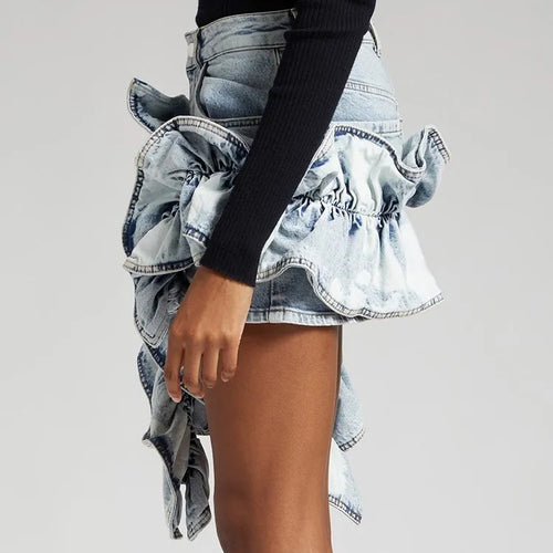 Load image into Gallery viewer, Patchwork Ruffles Asymmetrical Denim Skirts For Women High Waist Spliced Pockets Streetwear Slimming Bodycon Skirt Female
