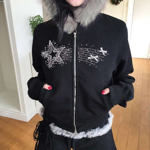 Load image into Gallery viewer, Streetwear Star Rhinestone Autumn Winter Jacket Women Faux Fur Trim Collar Gothic Zipper Up Coat Harajuku Outwear New
