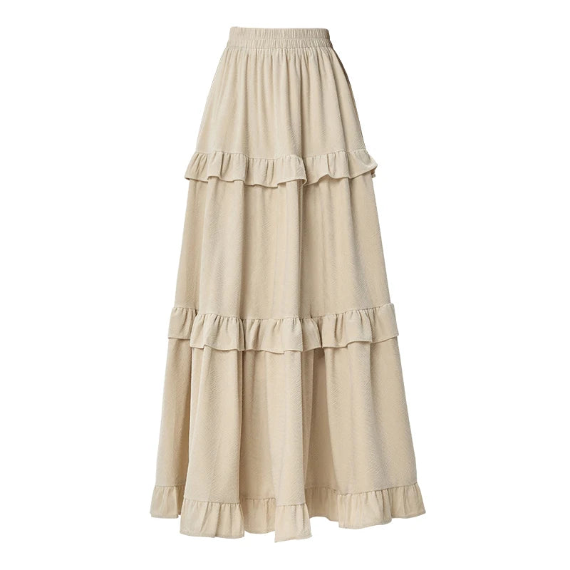 French Women Solid Elegant Vacation Cake Pleated Long Skirts 2024 Autumn Winter New High Waist Ruffle Edge Party Skirt Fashion