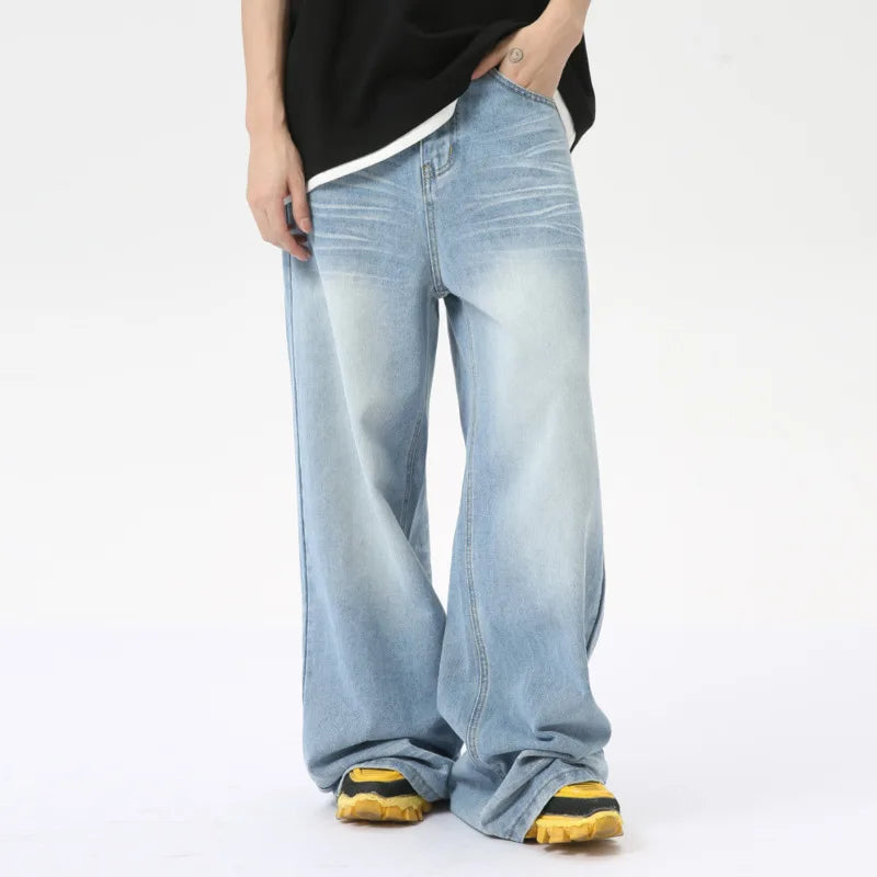 High Street Men's Denim Pants Stylish Casual Washed Crease Pockets Male Trend Trousers Summer Loose Jeans 9C6285