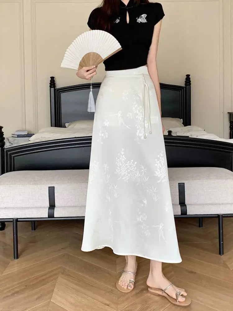 Vintage White Elegant High Waist Jacquard Skirt Women 2024 Spring Summer New Chinese Style Fashion Black Temperament Long Skirt