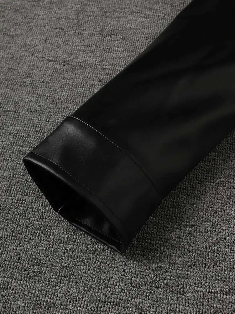 Black Denim Pu Leather Spliced Big Size Jacket New Lapel Long Sleeve Women Coat Fashion Tide Spring Autumn 2025 CPG2873