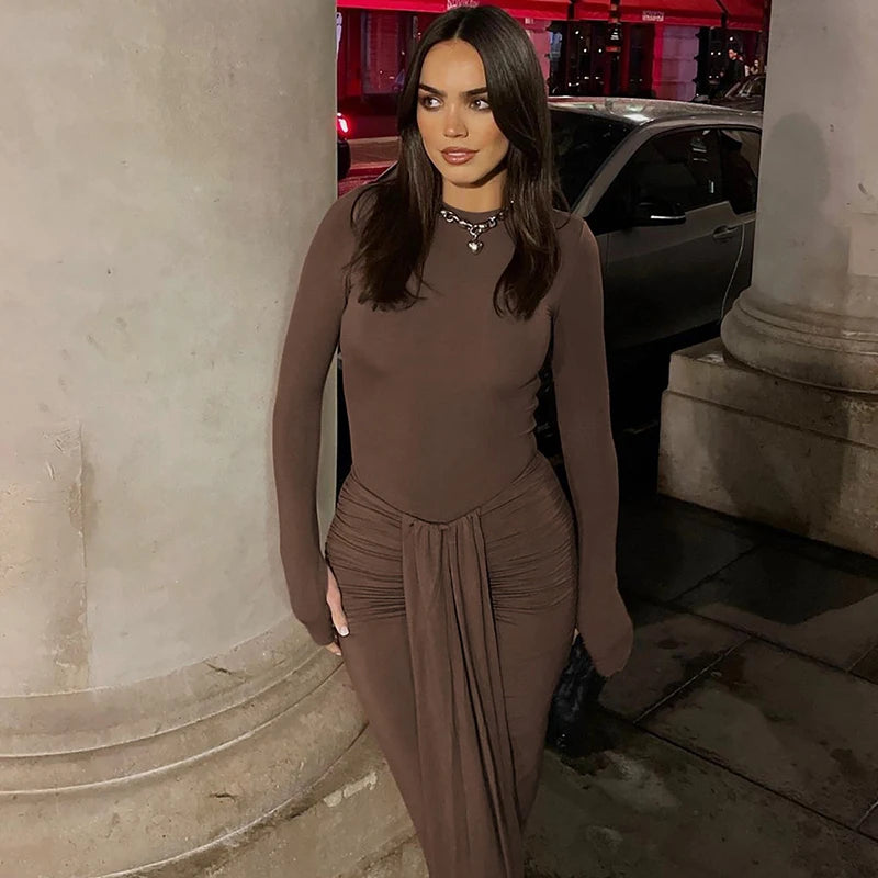 Ruched Draped Sexy Maxi Dress For Women Fashion O Neck Long Sleeve Bodycon Club Party Long Dress Female Elegant Dresses