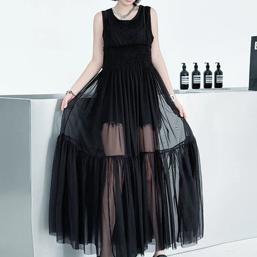 Load image into Gallery viewer, Women Black Mesh Perspective Elegant Spaghetti Strap Dress New V-Neck Sleeveless Fashion Tide Spring Summer  2025 1DJ0845
