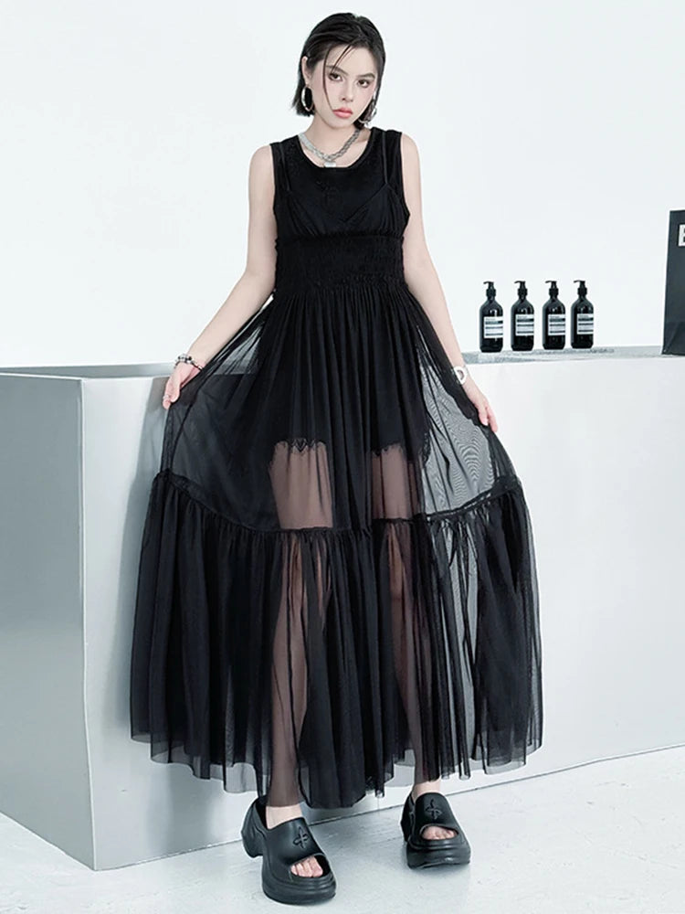 Women Black Mesh Perspective Elegant Spaghetti Strap Dress New V-Neck Sleeveless Fashion Tide Spring Summer  2025 1DJ0845