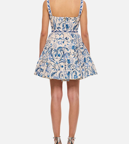 Hit Color Printing Slimming Dresses For Women Square Neck Sleeveless High Waist Temperament Mini Dress Female New