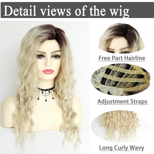 Load image into Gallery viewer, Blonde Curly Wig Synthetic Hair Natural Long Wave Wigs for White Women Free Part Dark Roots Ombre Wigs Drag Wavy Wig+Stickers
