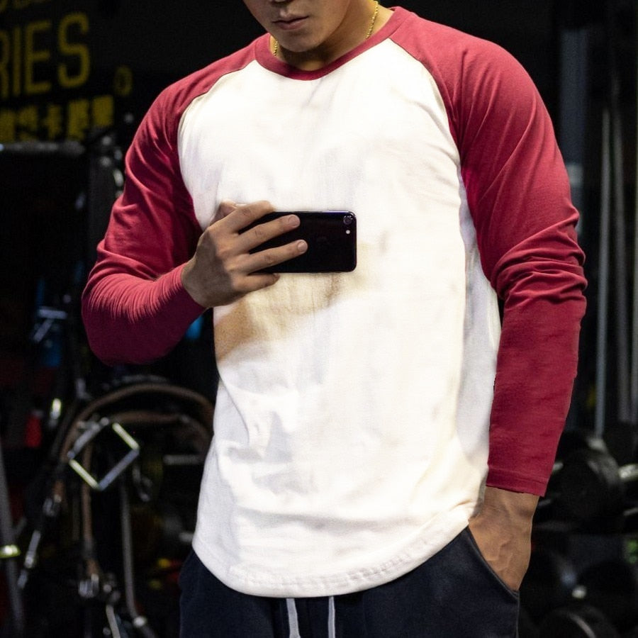 Casual Long Sleeve T-shirt Men Fitness Cotton Patchwork Tee Shirt Male Gym Workout Tops Spring Autumn Running Sport Clothing