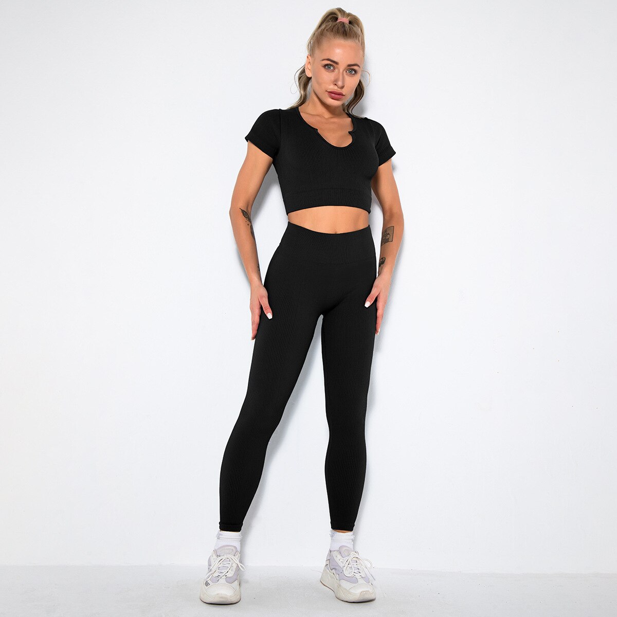 Seamless Yoga Set 2/3/4 Piece Gym Set Women Ribbed Crop Top Shorts Suits Fitness Sports Bra Leggings Running Outfits Tracksuit v2