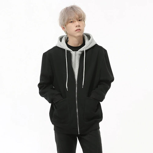 Load image into Gallery viewer, Fake Two-piece Men&#39;s Jackets Hooded Drawstring Casual Contrast Color Korean Style Loose Zipper Male Coats Fashion 9C9215

