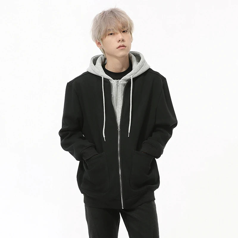 Fake Two-piece Men's Jackets Hooded Drawstring Casual Contrast Color Korean Style Loose Zipper Male Coats Fashion 9C9215
