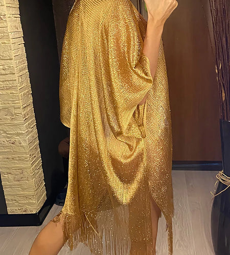Sexy Fringe Tassel Mesh Sheer Shiny Knitted Tunic Beach Cover Up Cover-ups Beach Dress Beach Wear Beachwear Female Women V3321