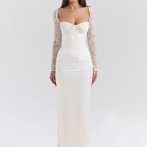 Load image into Gallery viewer, Lace Long Sleeve Sexy Maxi Dress For Women White Square Collar Backless Back Split Bodycon Club Party Long Dress
