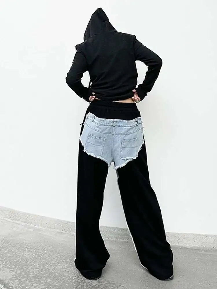 High Waist Leopard Print Denim Color-block Long Wide Leg Jeans New Women Trousers Fashion Tide Spring Autumn 2025 1DH8739