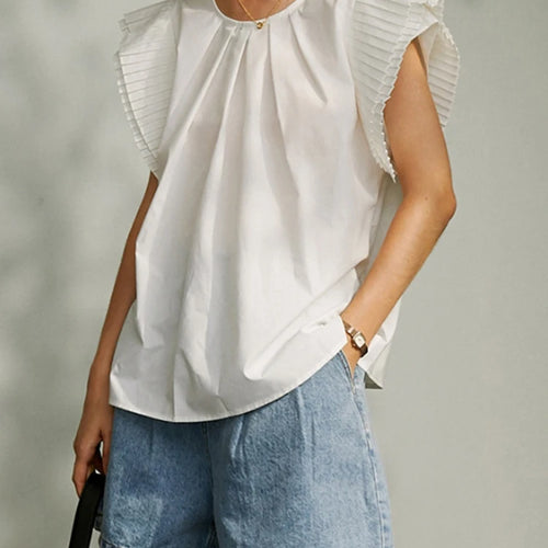 Load image into Gallery viewer, Korean Fashion Loose White Shirt For Women Round Neck Short Sleeve Ruched Minimalist Blouses Female Summer Clothing
