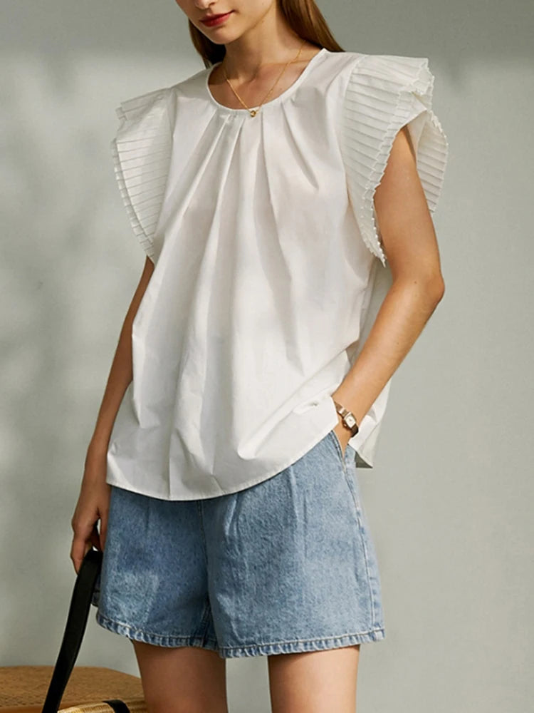 Korean Fashion Loose White Shirt For Women Round Neck Short Sleeve Ruched Minimalist Blouses Female Summer Clothing