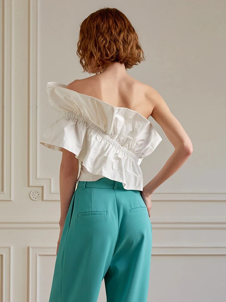 Solid Tank Tops For Women Diagonal Collar Sleeveless Ruffles Short Length Summer Vest Female Fashion Clothing