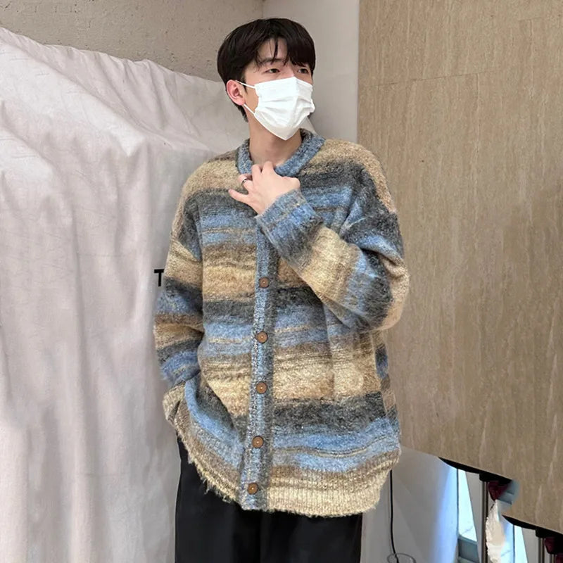 Men's Sweater New Spring Stripes Contrast Color Knitted Male Loose Casual Single Breasted Cardigan Handsome Knits 9W1478