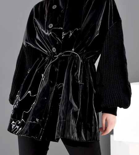 Loose Fit Knitting Drawstring Split Big Size Jacket New Stand Collar Long Sleeve Women Coat Fashion Spring 2025 WB67801