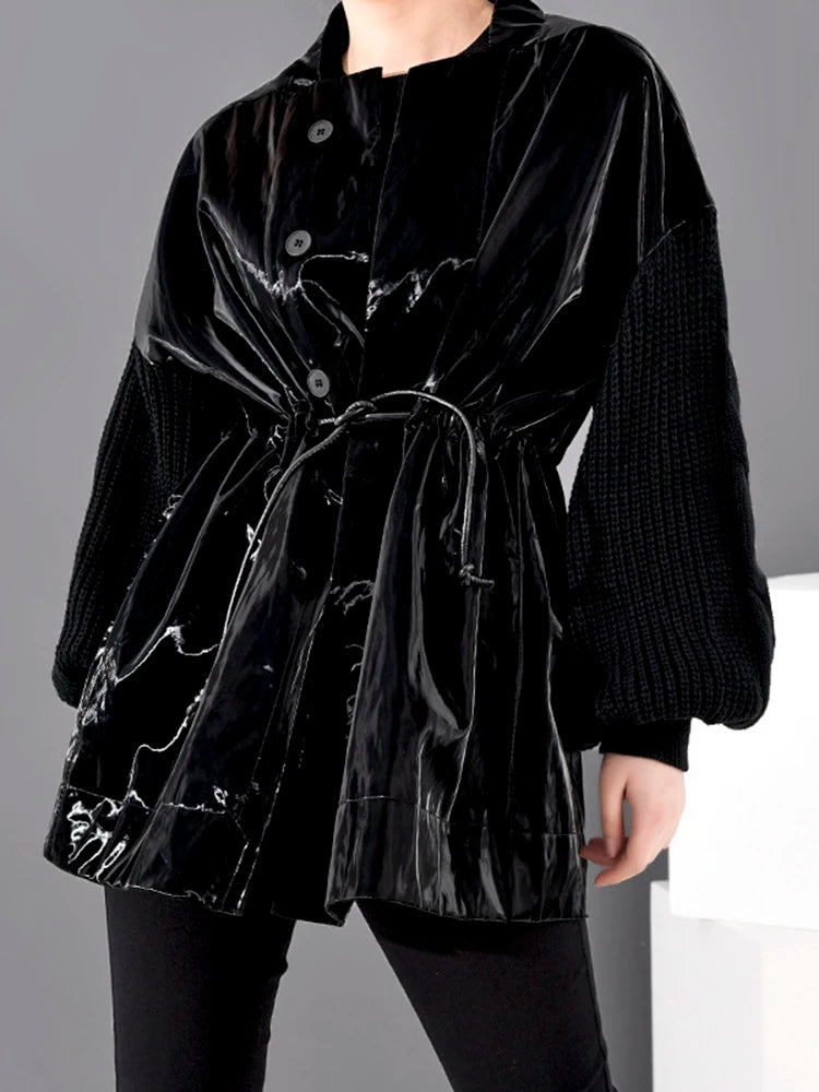 Loose Fit Knitting Drawstring Split Big Size Jacket New Stand Collar Long Sleeve Women Coat Fashion Spring 2025 WB67801