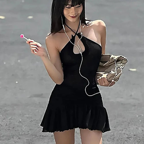 Load image into Gallery viewer, Cross Halter Mini Dress with Mesh Ruffle Hem Y2k Sexy Club Outfits Woman Korean Fashion Summer Dresses Black P16-BF17
