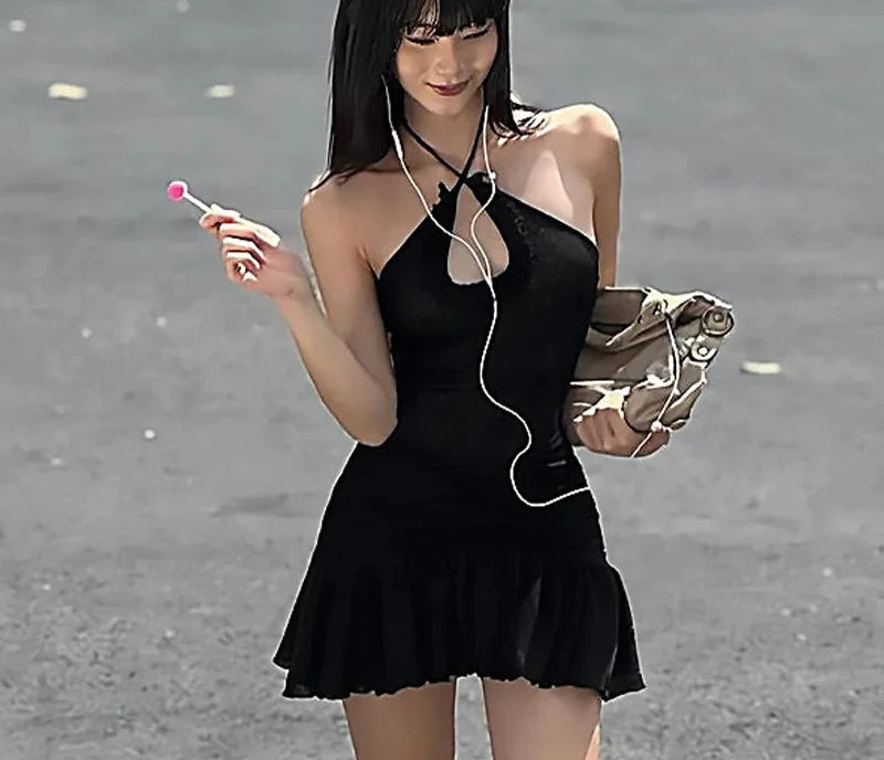 Cross Halter Mini Dress with Mesh Ruffle Hem Y2k Sexy Club Outfits Woman Korean Fashion Summer Dresses Black P16-BF17