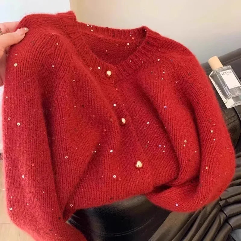 Korean Vintage Red Sequined Single Breasted Cardigan Sweater Women Autumn Winter Round Neck Long Sleeve Knitwear Tops Streetwear