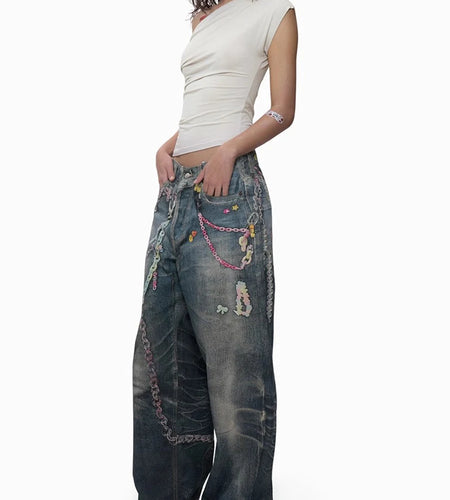 Hit Color Loose Casual Spliced Chain Jeans For Women High Waist Chic Wide Leg Pant Female Fashion Style Clothes New