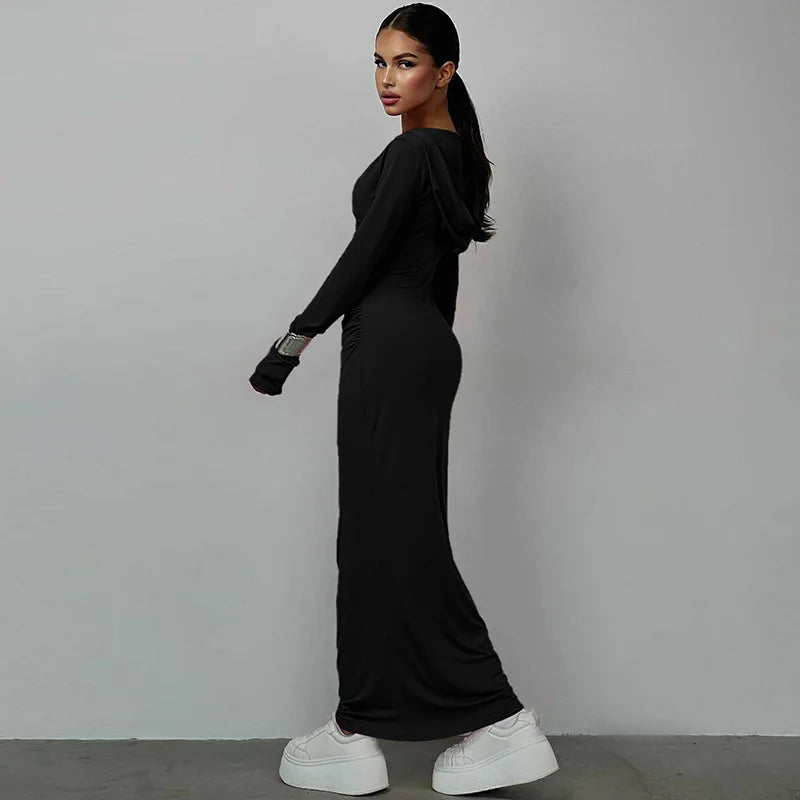 Elegant V Neck Hooded Maxi Dress For Women Autumn Winter New Long Sleeve Bodycon Ruched Fashion Long Dress New
