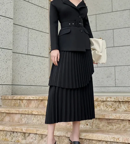 Solid Two Piece Set For Women Slash Neck Long Sleeve Tunic Coat High Waist Temperament Skirt Sets Female Fashion