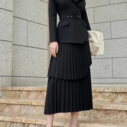 Load image into Gallery viewer, Solid Two Piece Set For Women Slash Neck Long Sleeve Tunic Coat High Waist Temperament Skirt Sets Female Fashion
